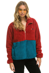 TEDDY UNISEX HALF ZIP COLOR BLOCK JACKET - CHERRY