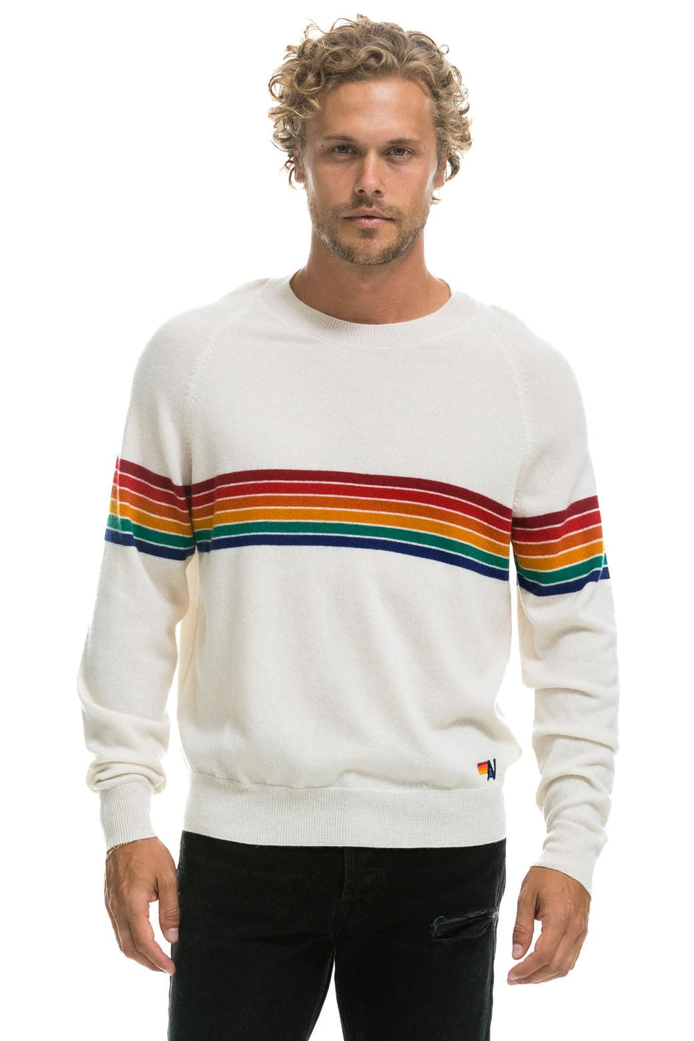 RAINBOW STRIPE 6 UNISEX LIGHT CASHMERE SWEATER - SNOW