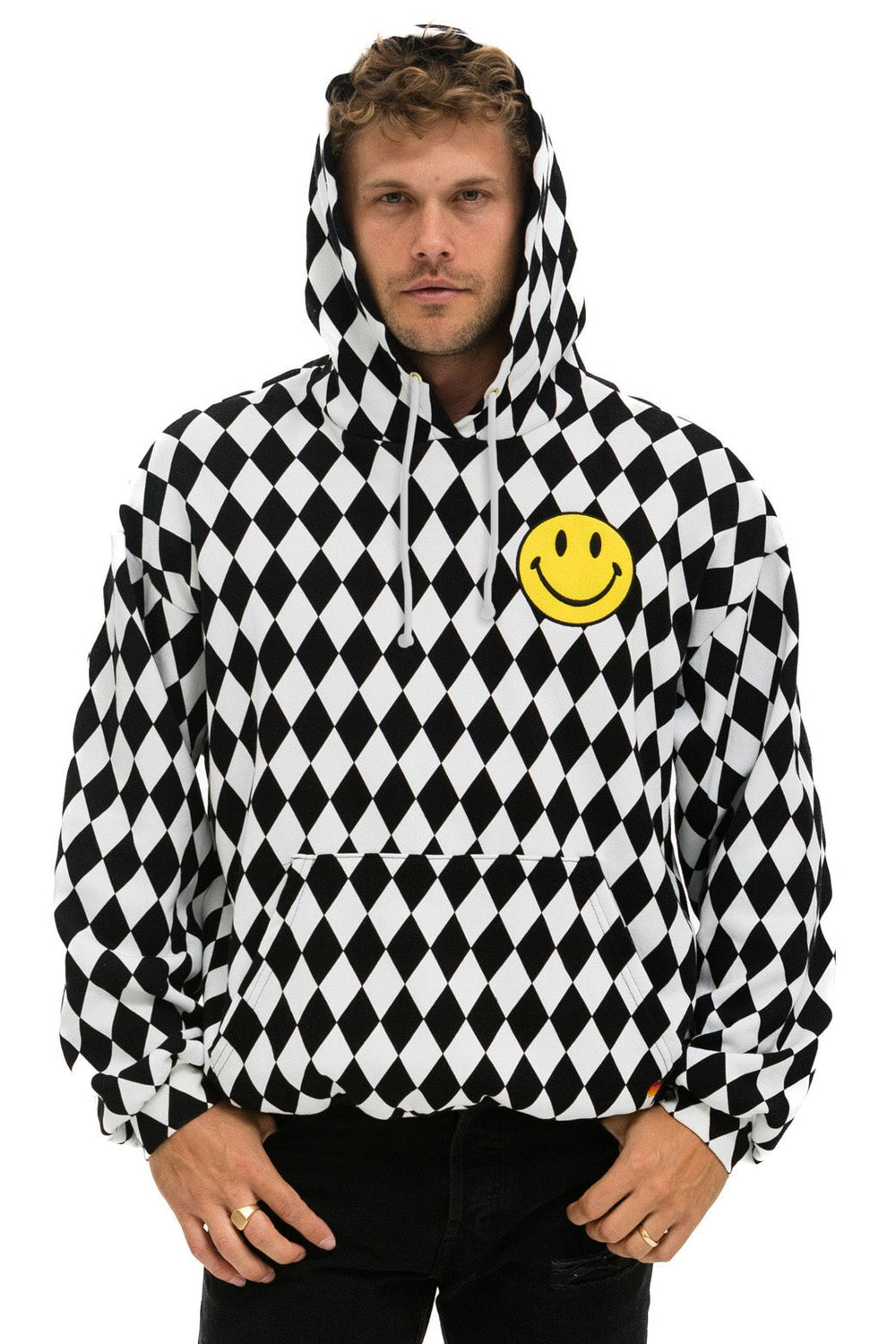 DIAMOND SMILEY 2 EMBRIODERY RELAXED PULLOVER HOODIE - WHITE // BLACK