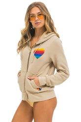 RAINBOW HEART STITCH ZIP HOODIE - SAND