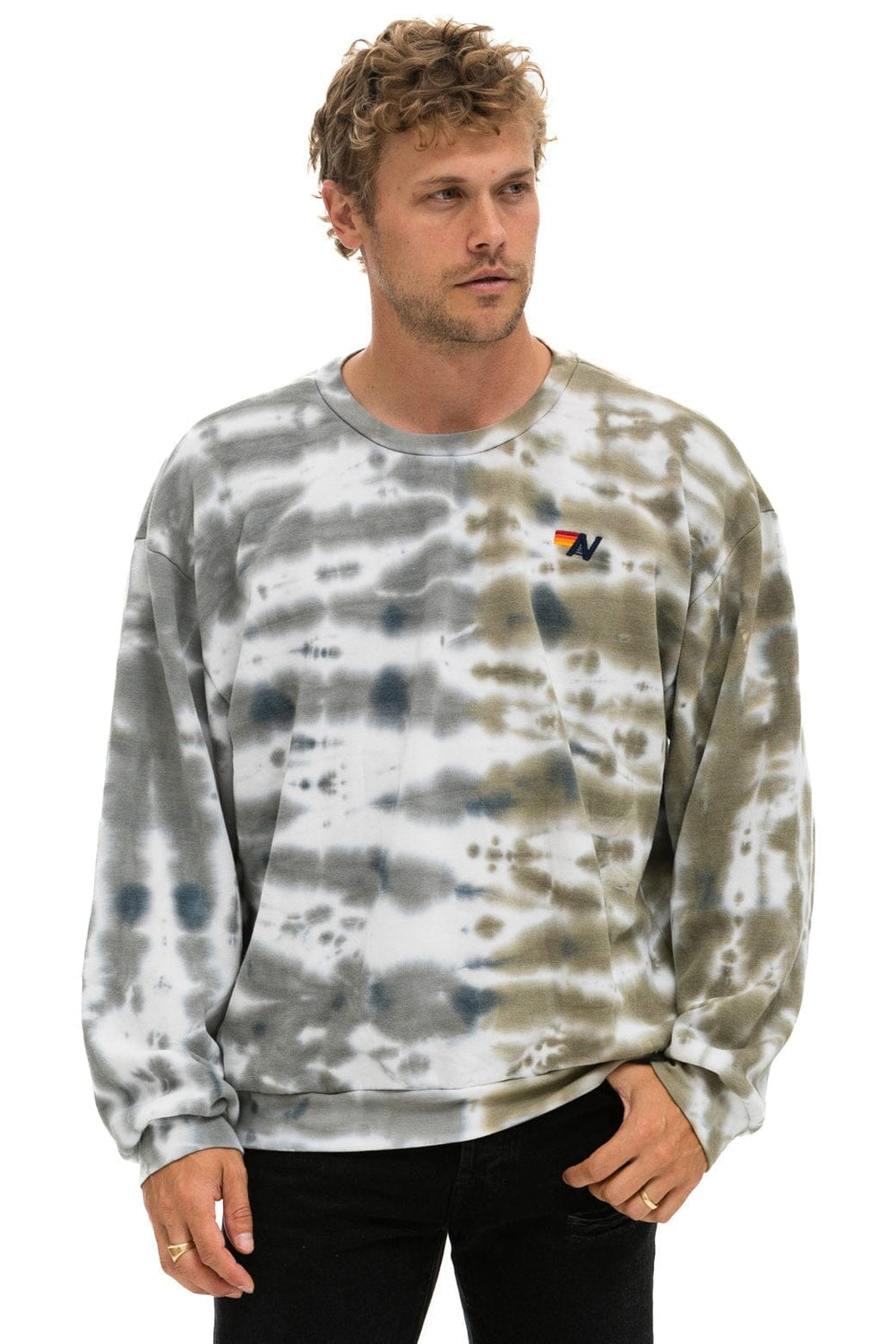 HAND DYED RELAXED CREW SWEATSHIRT - TIE DYE GREY // OLIVE