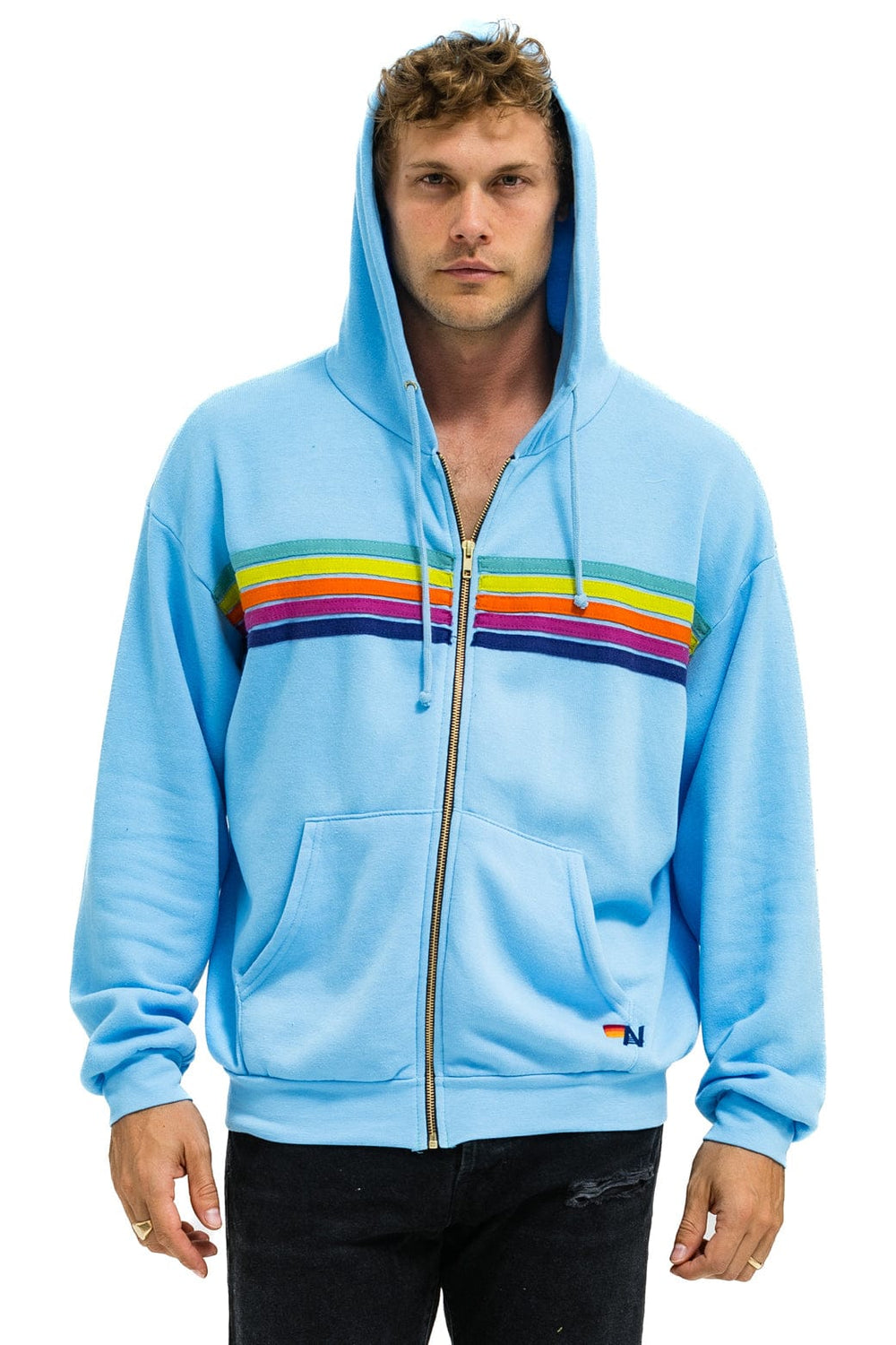 5 STRIPE RELAXED ZIP HOODIE - SKY // RAINBOW