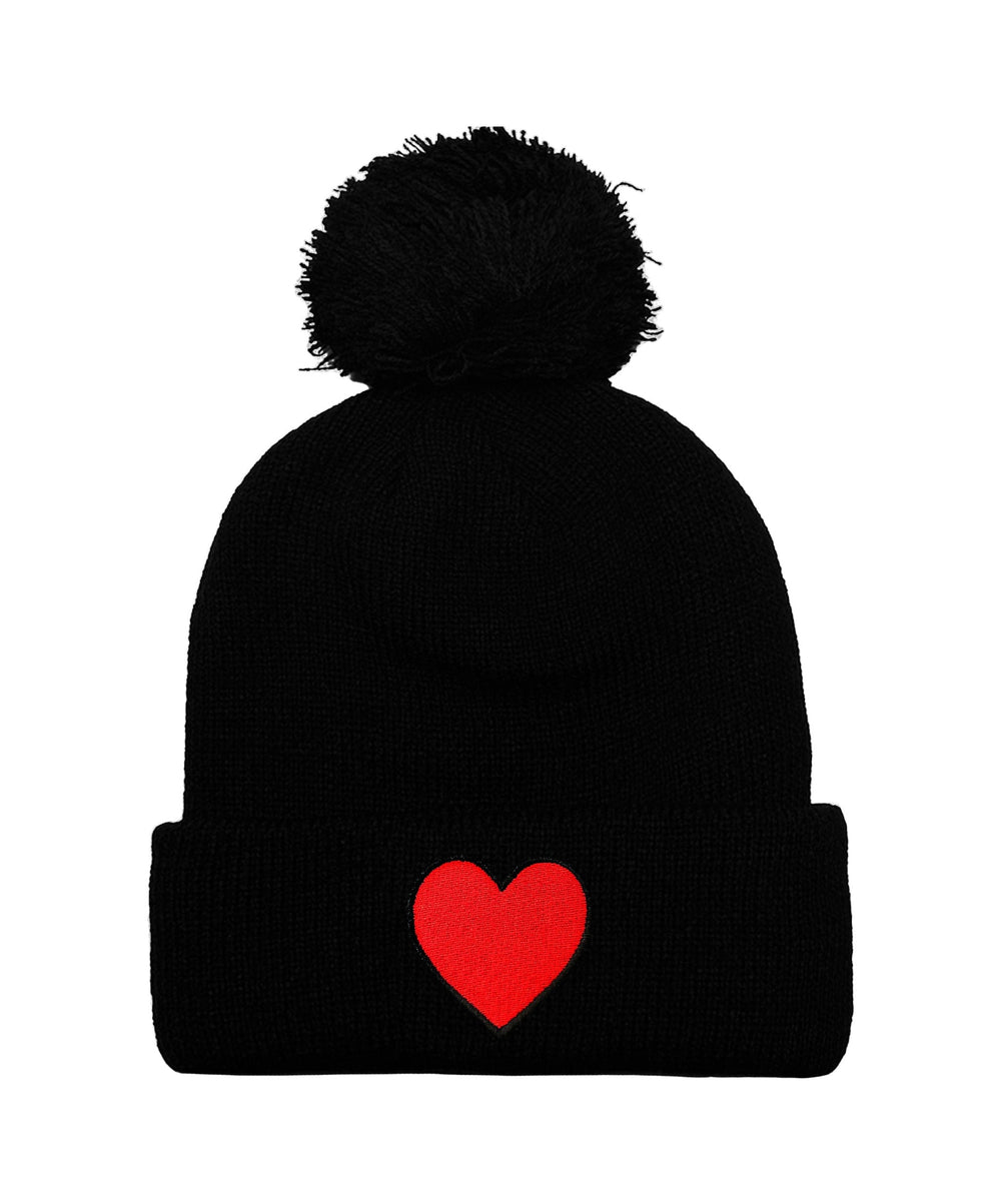 HEART POM POM RIB BEANIE - BLACK