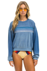 5 STRIPE RELAXED CREW SWEATSHIRT - FADED WATER