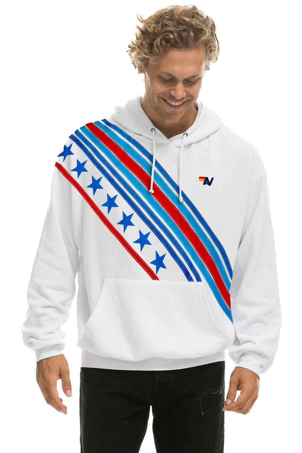 CROSS STRIPE STARS RELAXED PULLOVER HOODIE - WHITE // USA