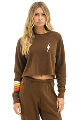 BOLT RUGBY STITCH CROPPED CREW SWEATSHIRT - CHOCOLATE // WHITE NEON