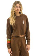 BOLT RUGBY STITCH CROPPED CREW SWEATSHIRT - CHOCOLATE // WHITE NEON
