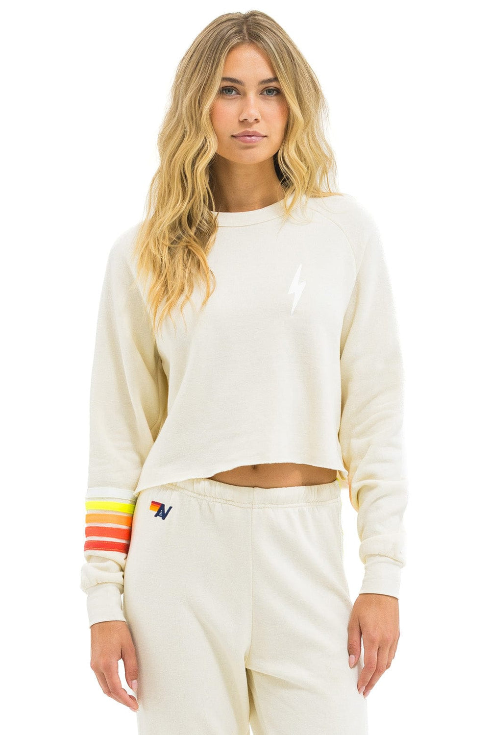 BOLT RUGBY STITCH CROPPED CREW SWEATSHIRT - VINTAGE WHITE // WHITE NEON