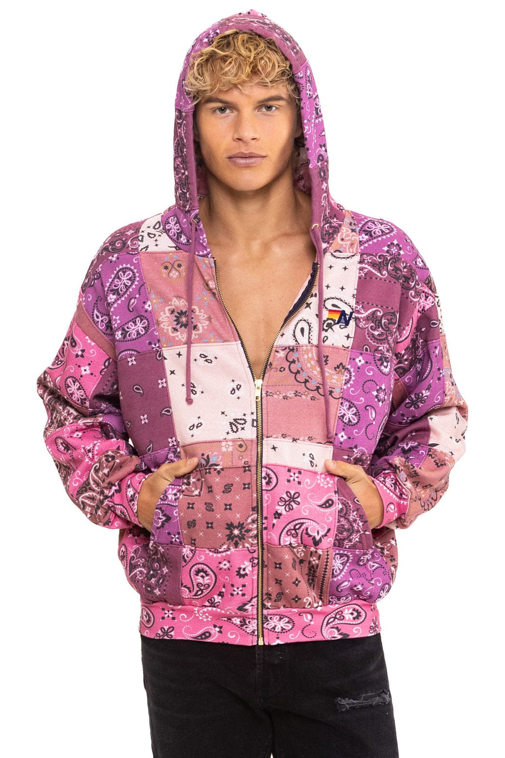 BANDANA QUILTED RELAXED ZIP HOODIE - PINK