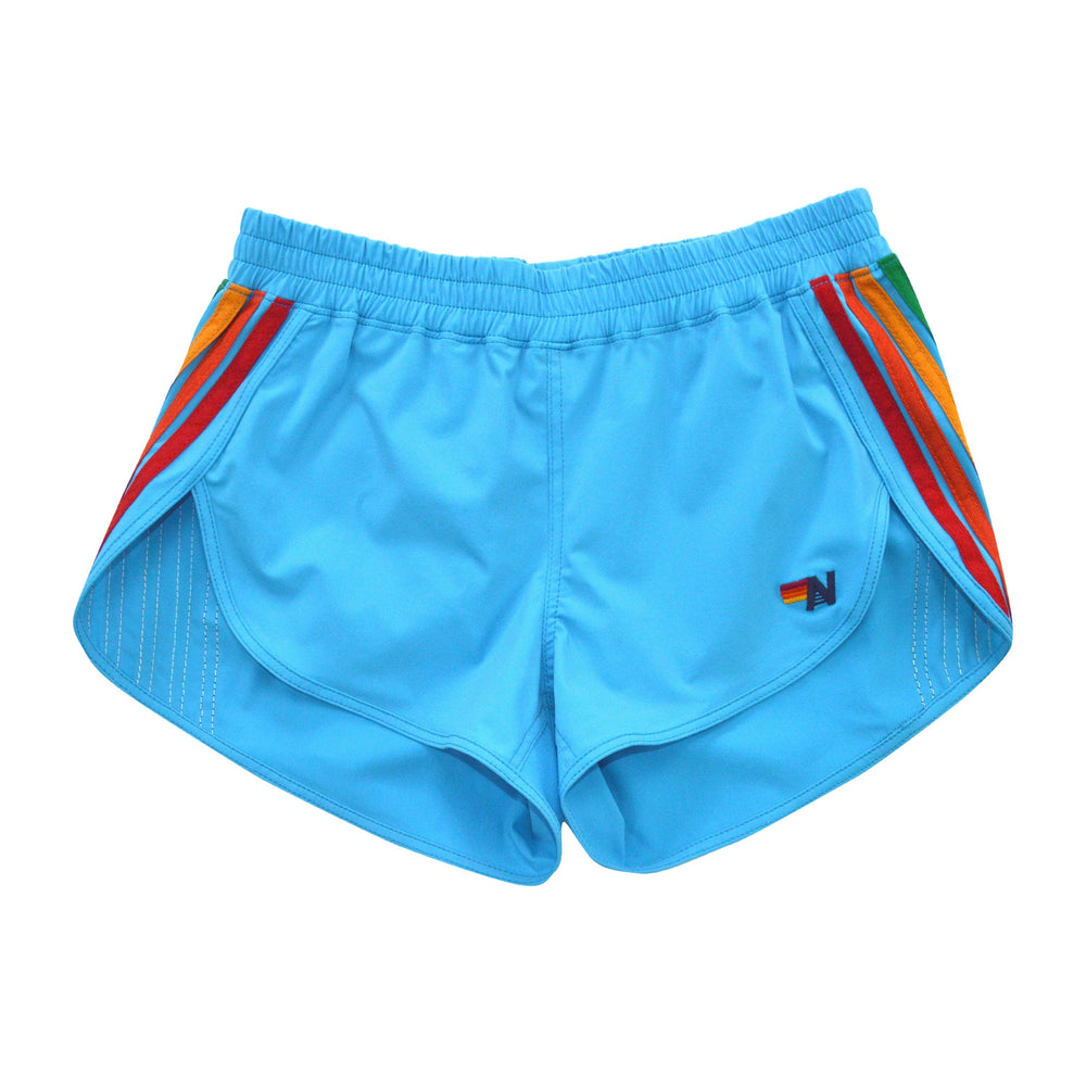 WOMEN'S 5 STRIPE FLEX BOARD SHORTS - NEON BLUE // RAINBOW