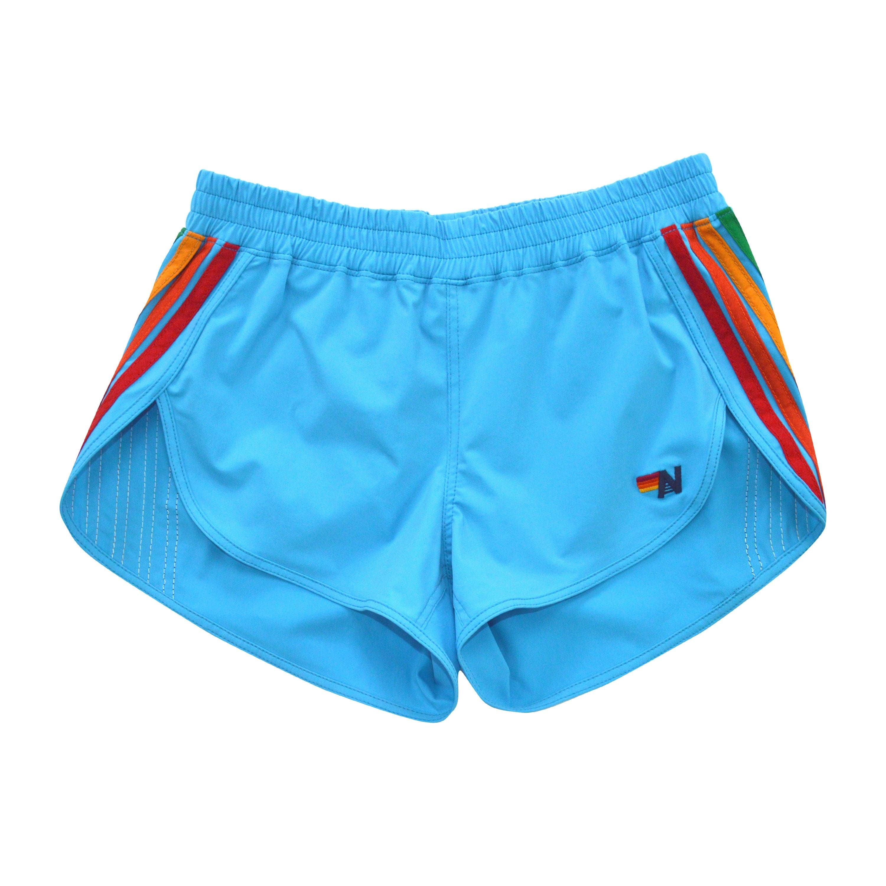 WOMEN'S 5 STRIPE FLEX BOARD SHORTS - NEON BLUE // RAINBOW