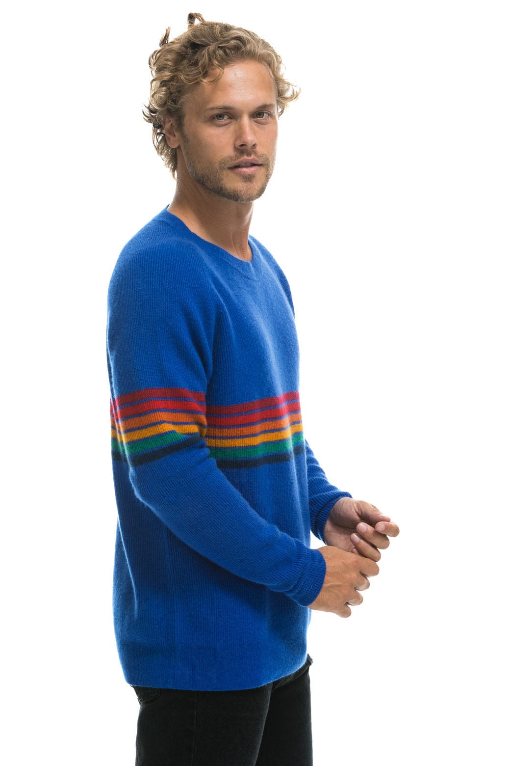 RAINBOW STRIPE 6 UNISEX CASHMERE SWEATER - LAPIS