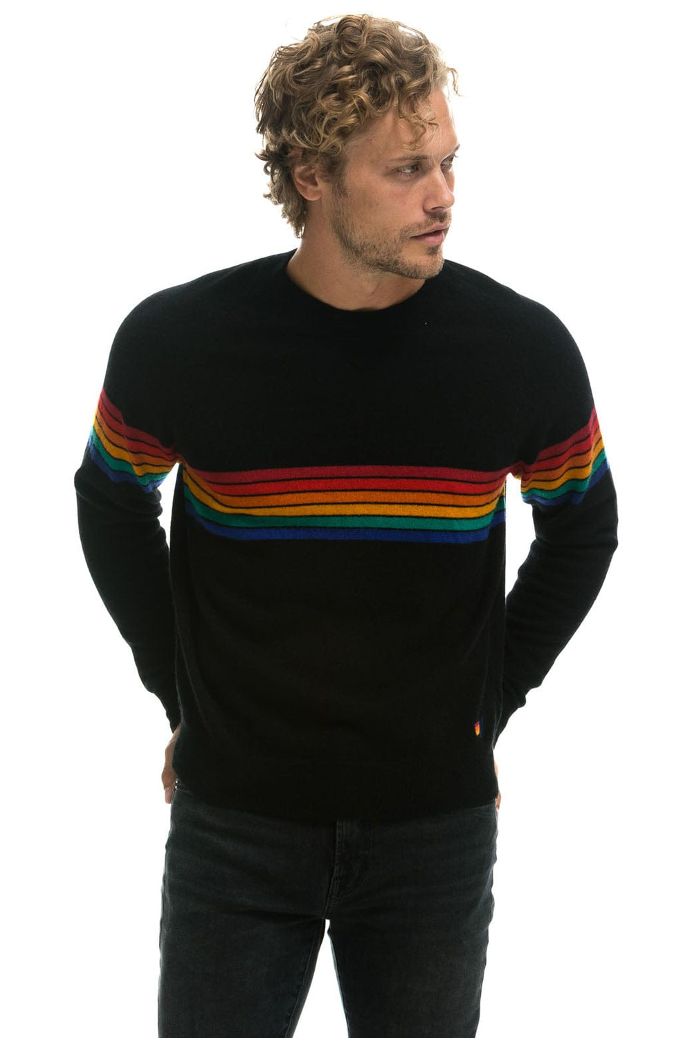 RAINBOW STRIPE 6 UNISEX CASHMERE SWEATER - BLACK