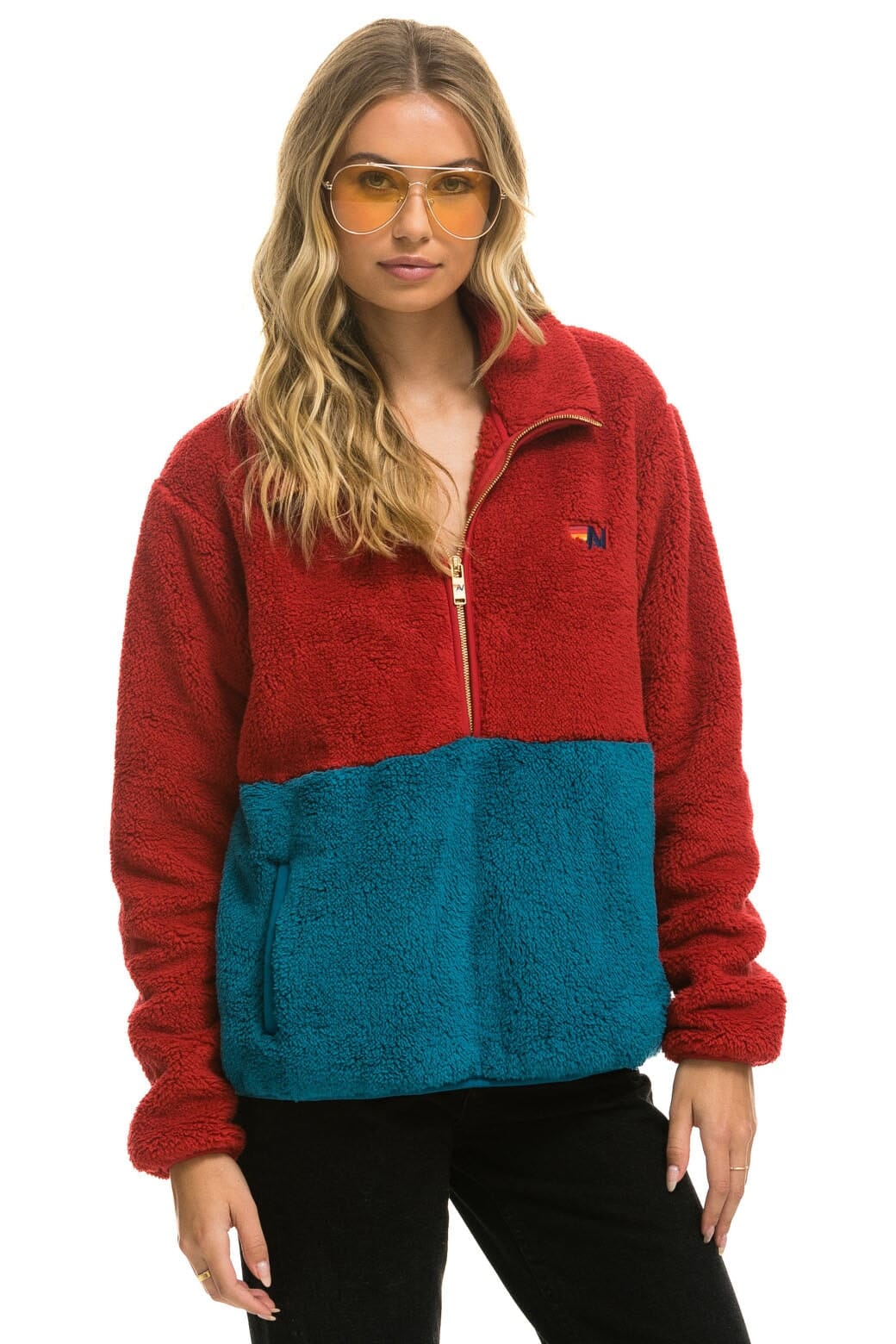 TEDDY UNISEX HALF ZIP COLOR BLOCK JACKET - CHERRY