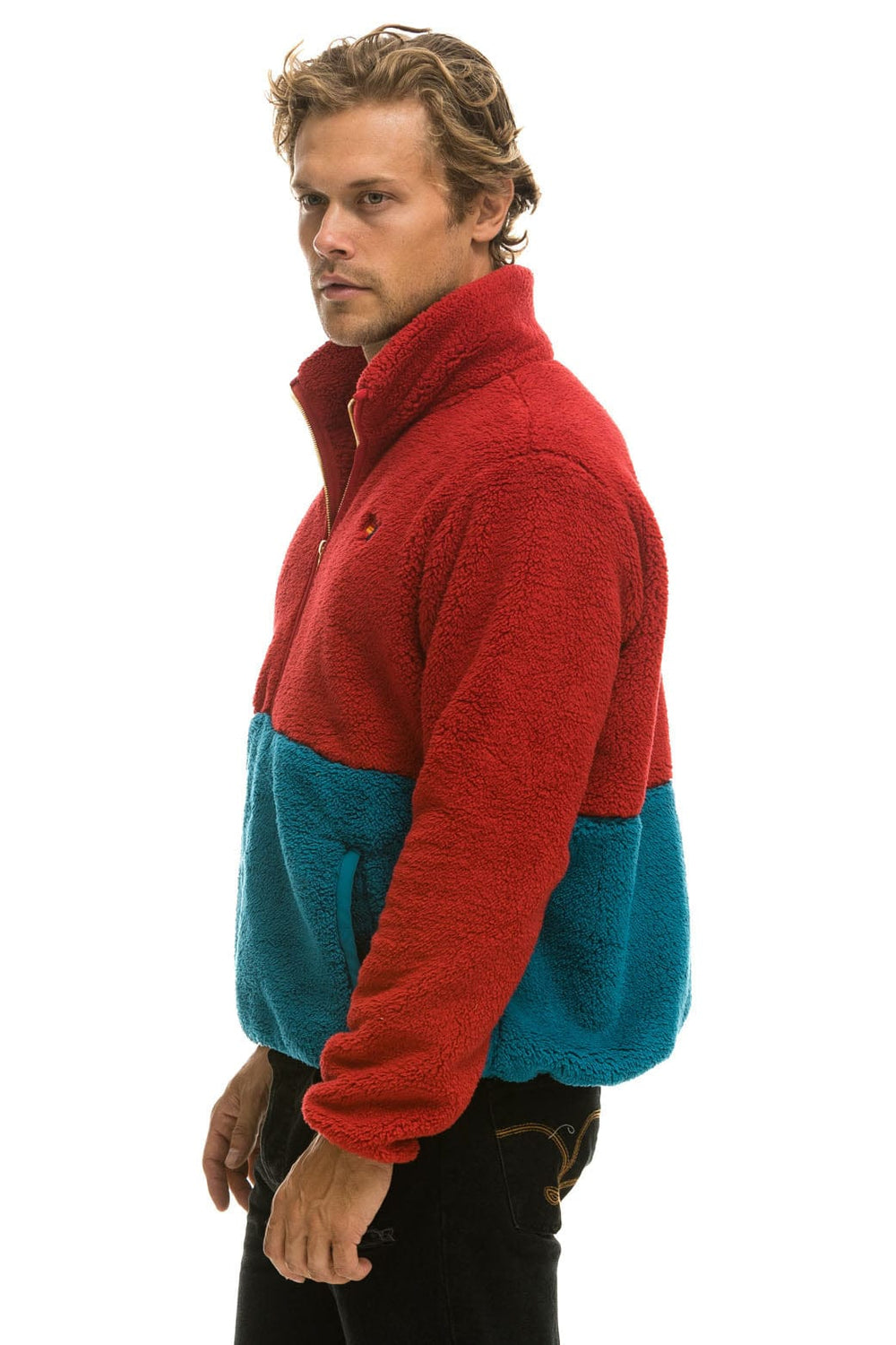 TEDDY UNISEX HALF ZIP COLOR BLOCK JACKET - CHERRY