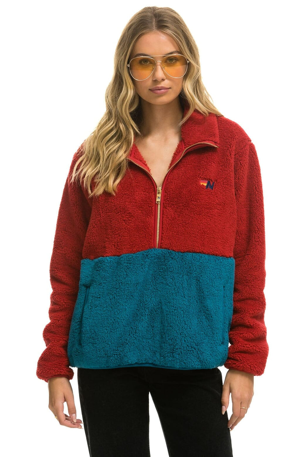 TEDDY UNISEX HALF ZIP COLOR BLOCK JACKET - CHERRY