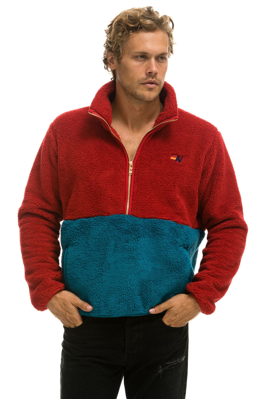 TEDDY UNISEX HALF ZIP COLOR BLOCK JACKET - CHERRY