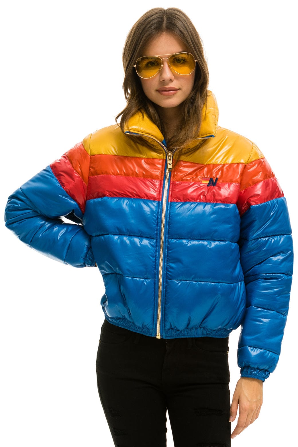 COLOR BLOCK LUXE APRES PUFFER JACKET - GLOSSY SNORKEL BLUE
