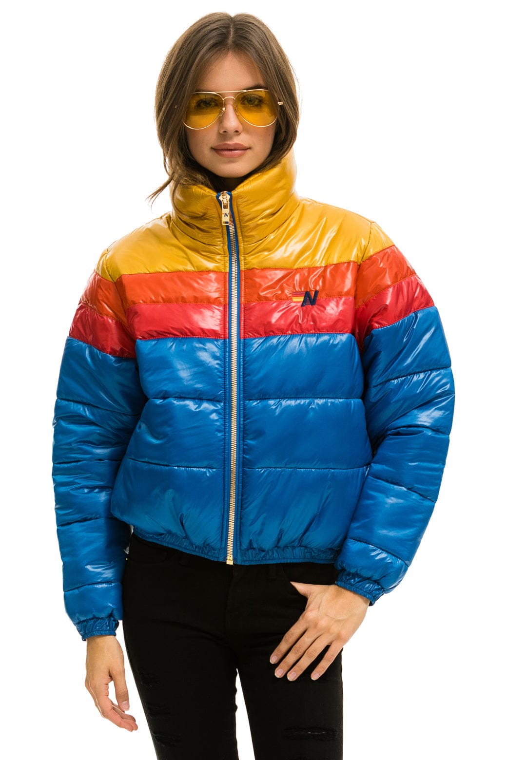 COLOR BLOCK LUXE APRES PUFFER JACKET - GLOSSY SNORKEL BLUE