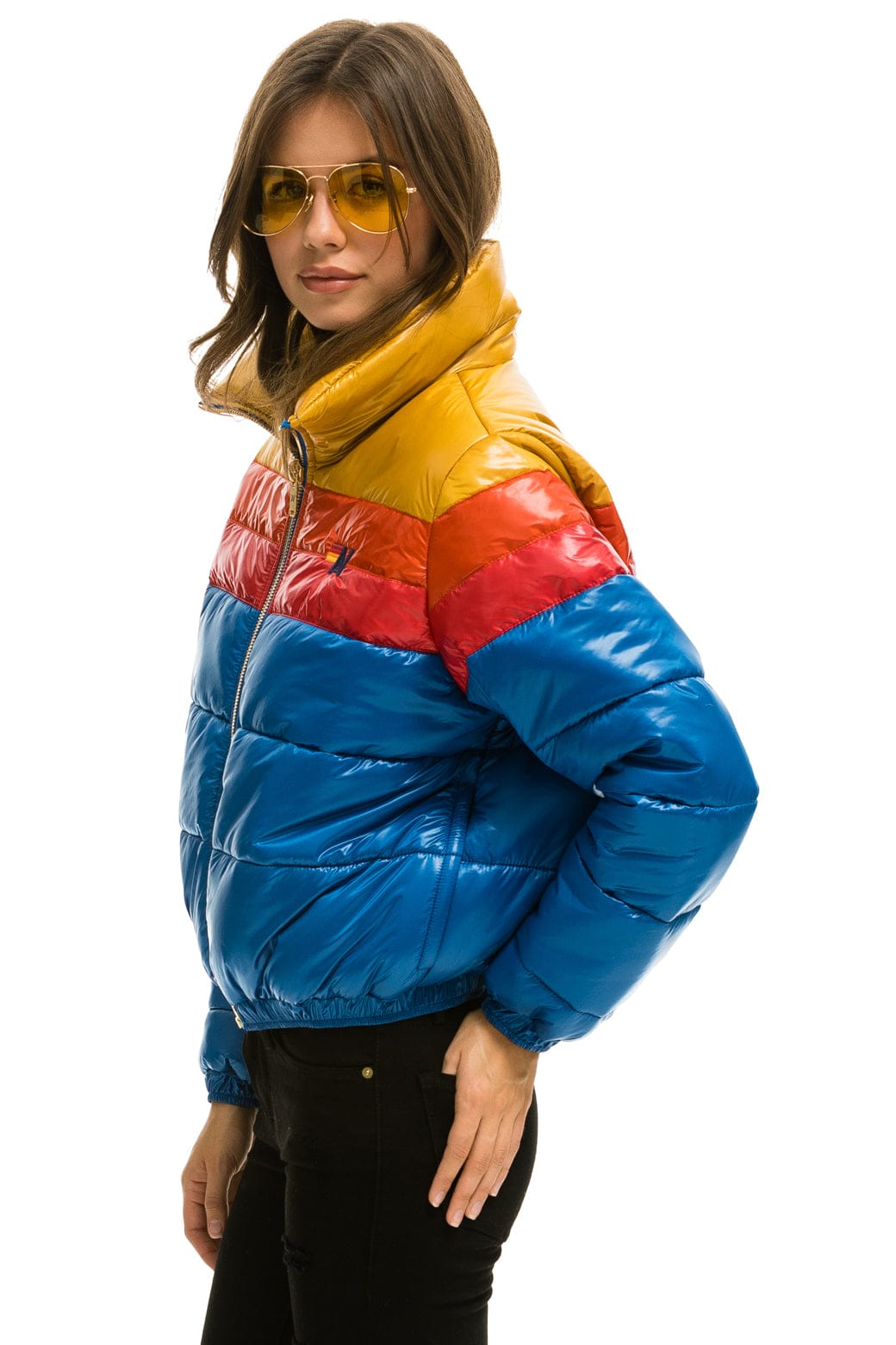 COLOR BLOCK LUXE APRES PUFFER JACKET - GLOSSY SNORKEL BLUE