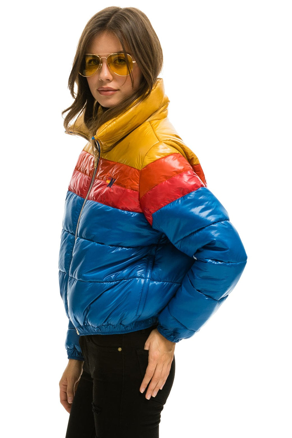 COLOR BLOCK LUXE APRES PUFFER JACKET - GLOSSY SNORKEL BLUE