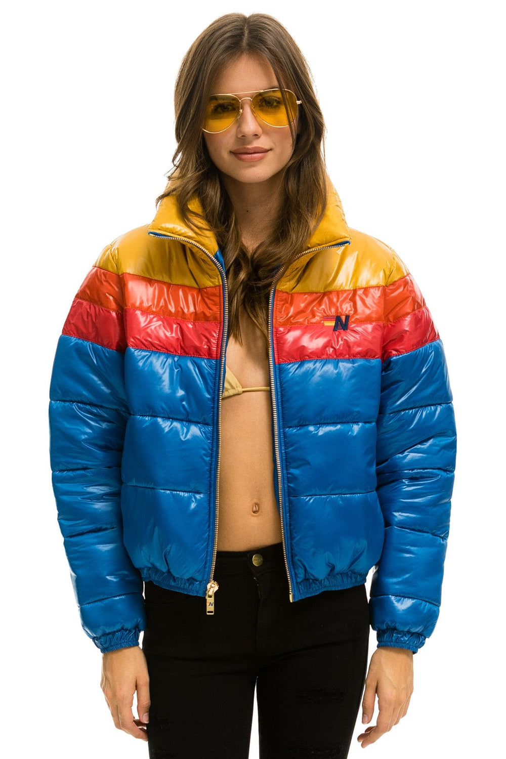 COLOR BLOCK LUXE APRES PUFFER JACKET - GLOSSY SNORKEL BLUE