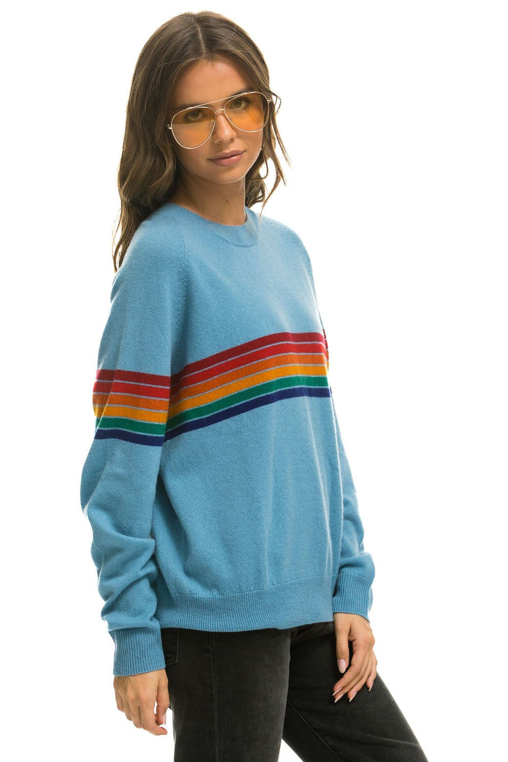 RAINBOW STRIPE 6 UNISEX LIGHT CASHMERE SWEATER - OCEAN