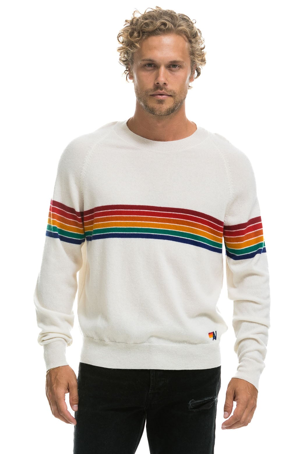 RAINBOW STRIPE 6 UNISEX LIGHT CASHMERE SWEATER - SNOW
