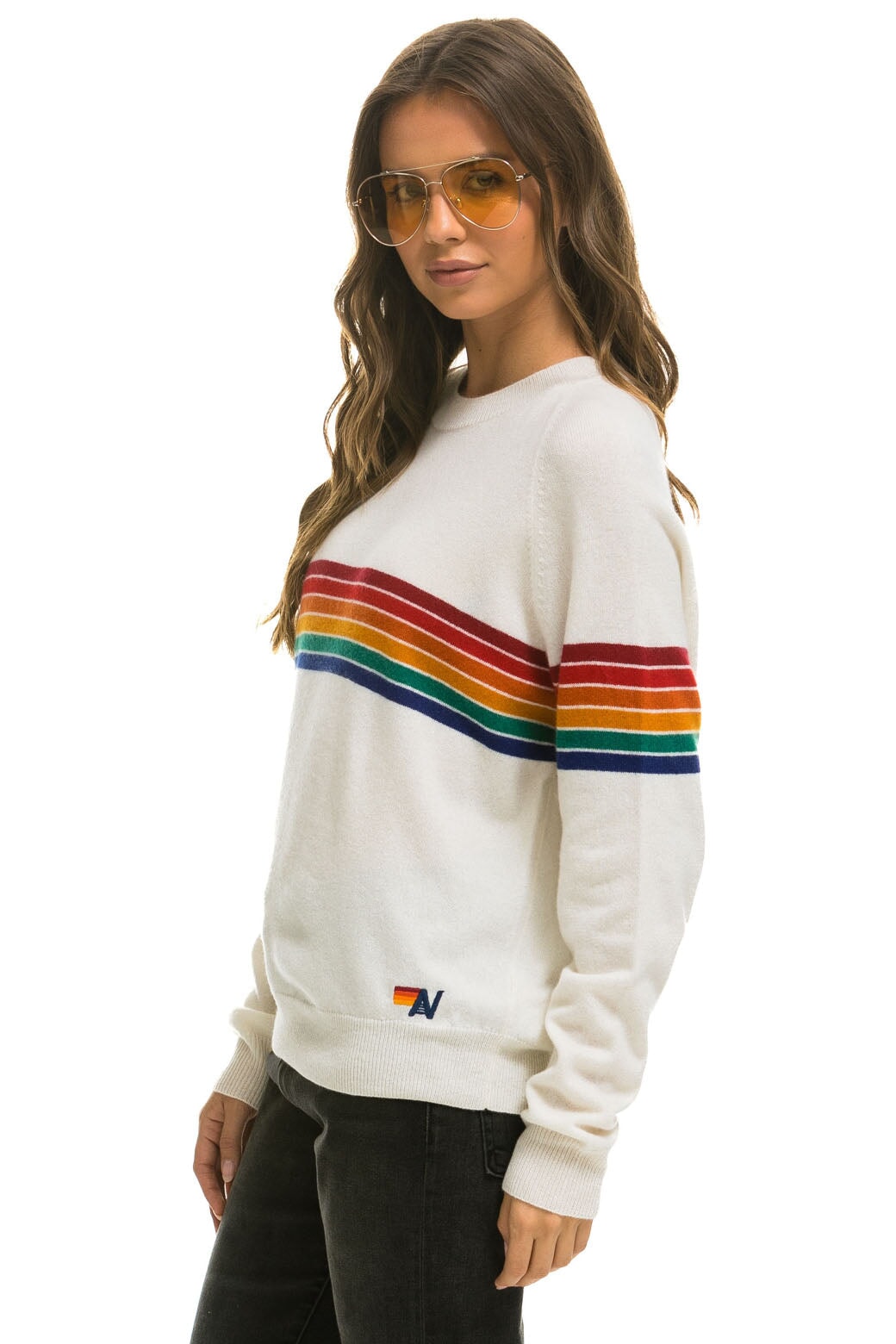 RAINBOW STRIPE 6 UNISEX LIGHT CASHMERE SWEATER - SNOW