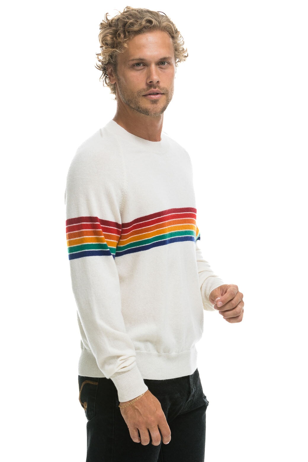 RAINBOW STRIPE 6 UNISEX LIGHT CASHMERE SWEATER - SNOW