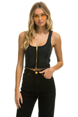 DENIM TOP ZIP FRONT BUSTIER - VINTAGE BLACK