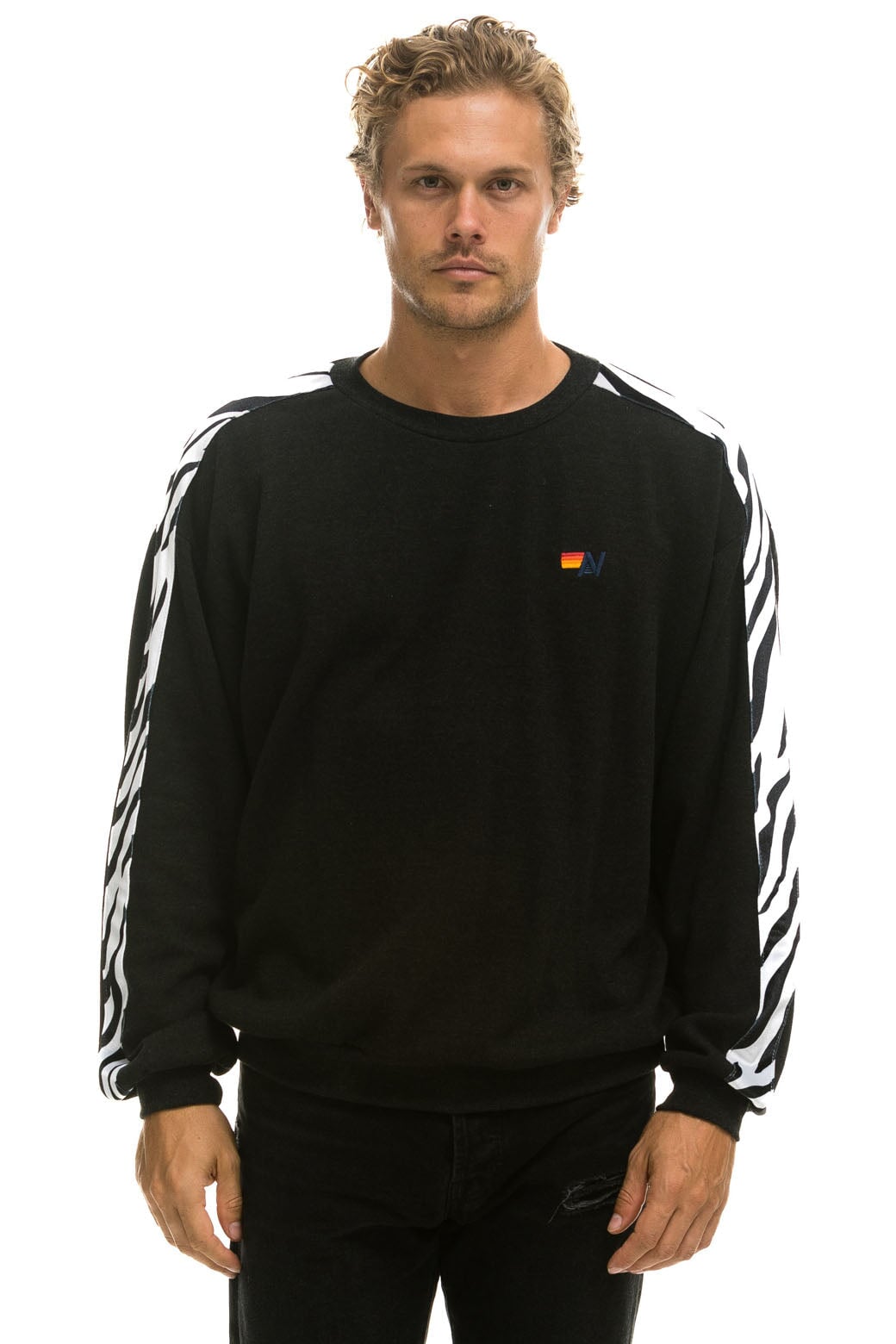 ZEBRA STRIPE RELAXED FIT CREW SWEATSHIRT - BLACK // ZEBRA