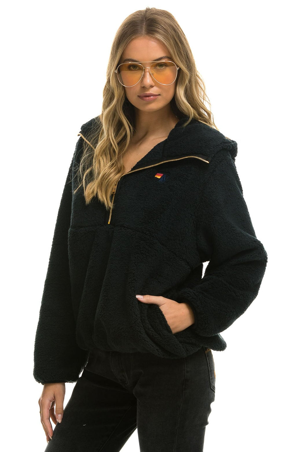 TEDDY APRES HOODED HALF ZIP JACKET - BLACK