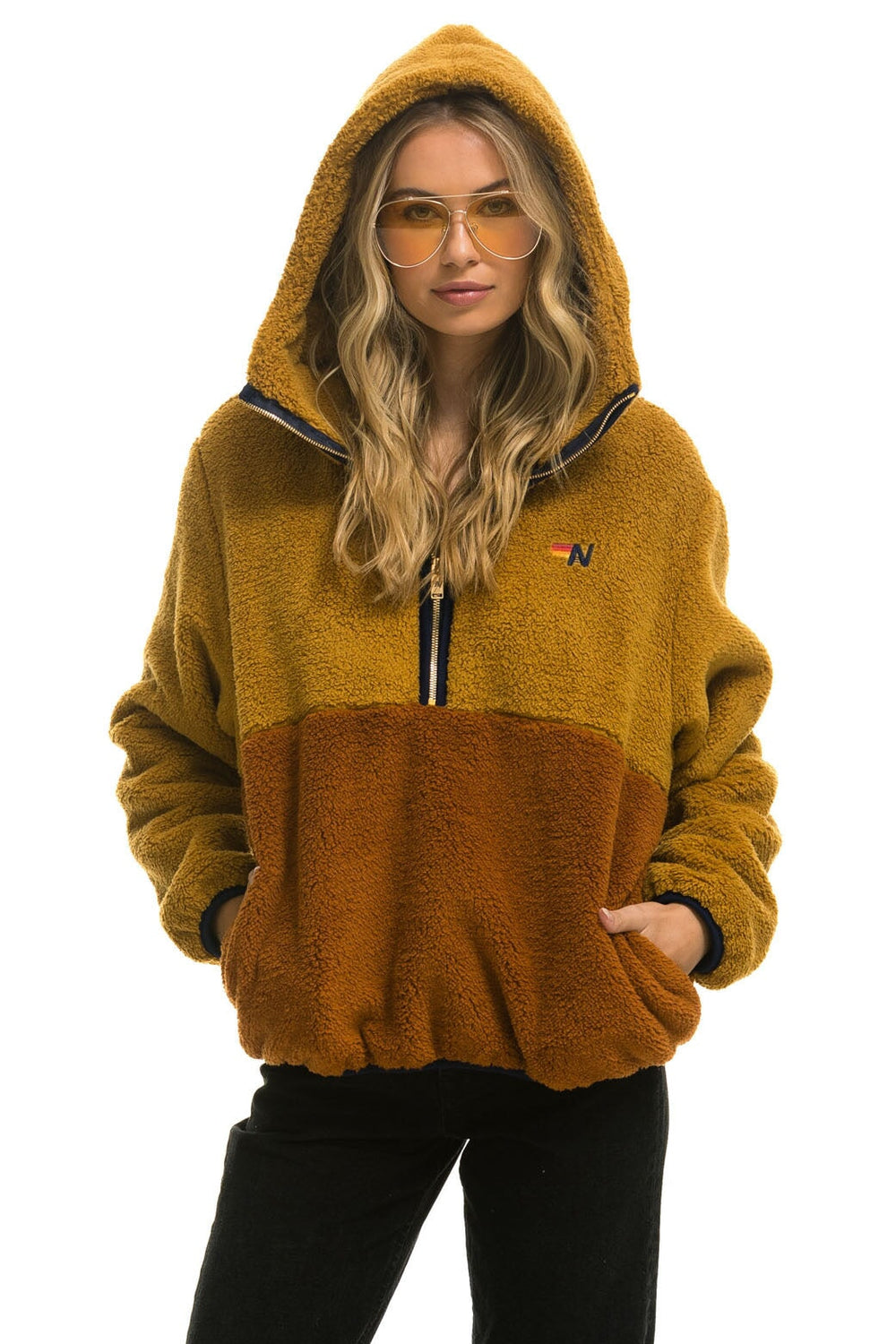 TEDDY APRES HOODED HALF ZIP COLOR BLOCK JACKET - HONEY