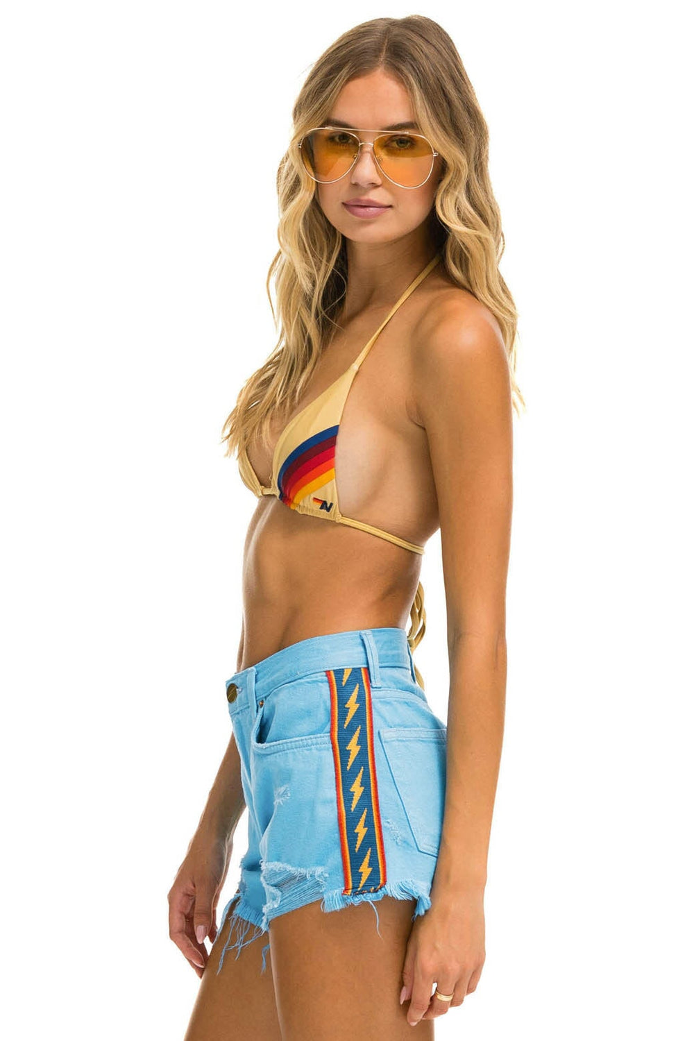 BOLT STRIPE BOYFRIEND CUTOFF JEAN SHORTS - SKY