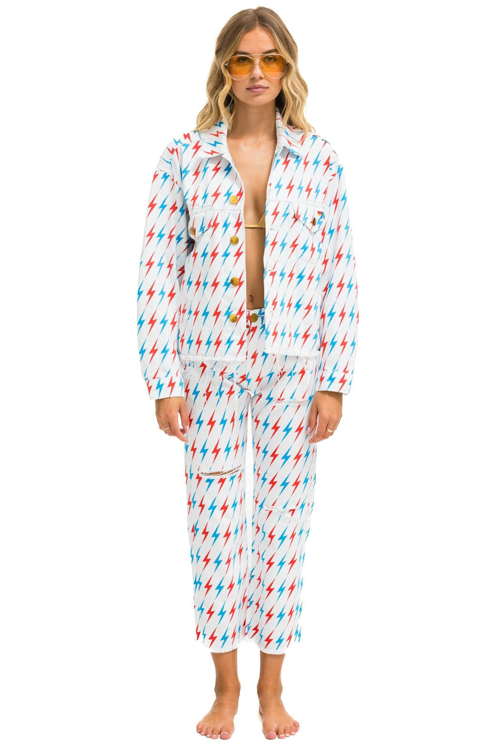 AVIATOR BOLT OVERSIZED CUTOFF DENIM JACKET - WHITE