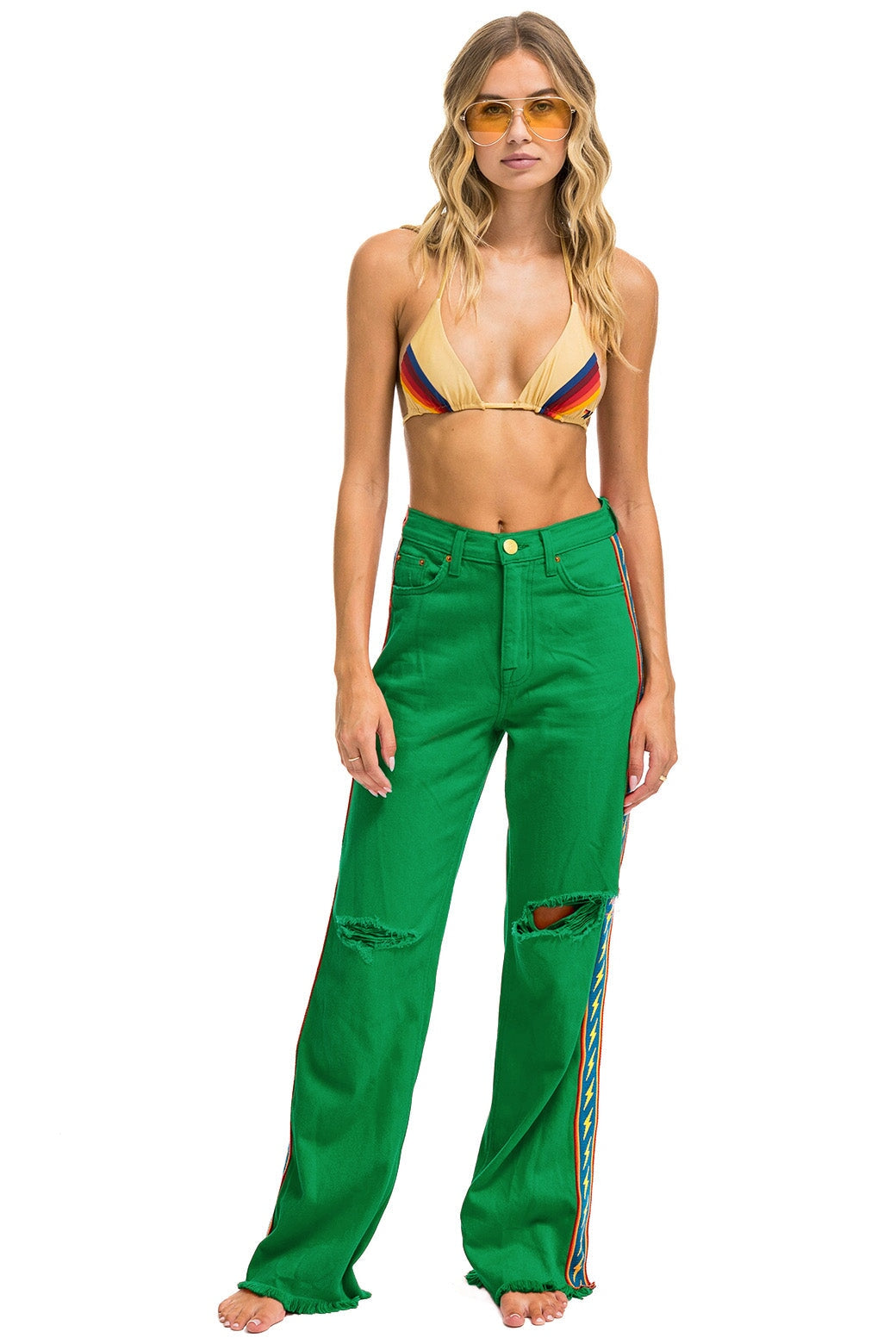 BOLT STRIPE HI RISE WIDE-LEG GYPSY JEAN - KELLY GREEN
