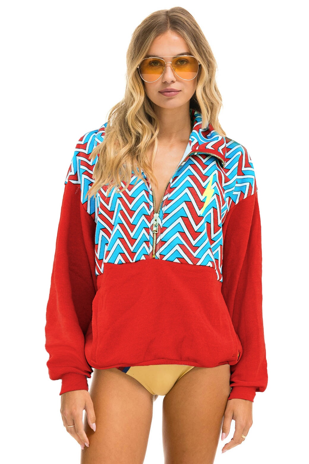 GEO ZIG BOLT EMBROIDERY FLEECE HALF ZIP COLOR BLOCK SWEATSHIRT - RED // BLUE