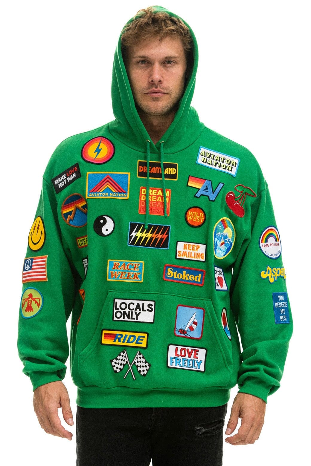 VINTAGE PATCH RELAXED PULLOVER HOODIE- KELLY GREEN