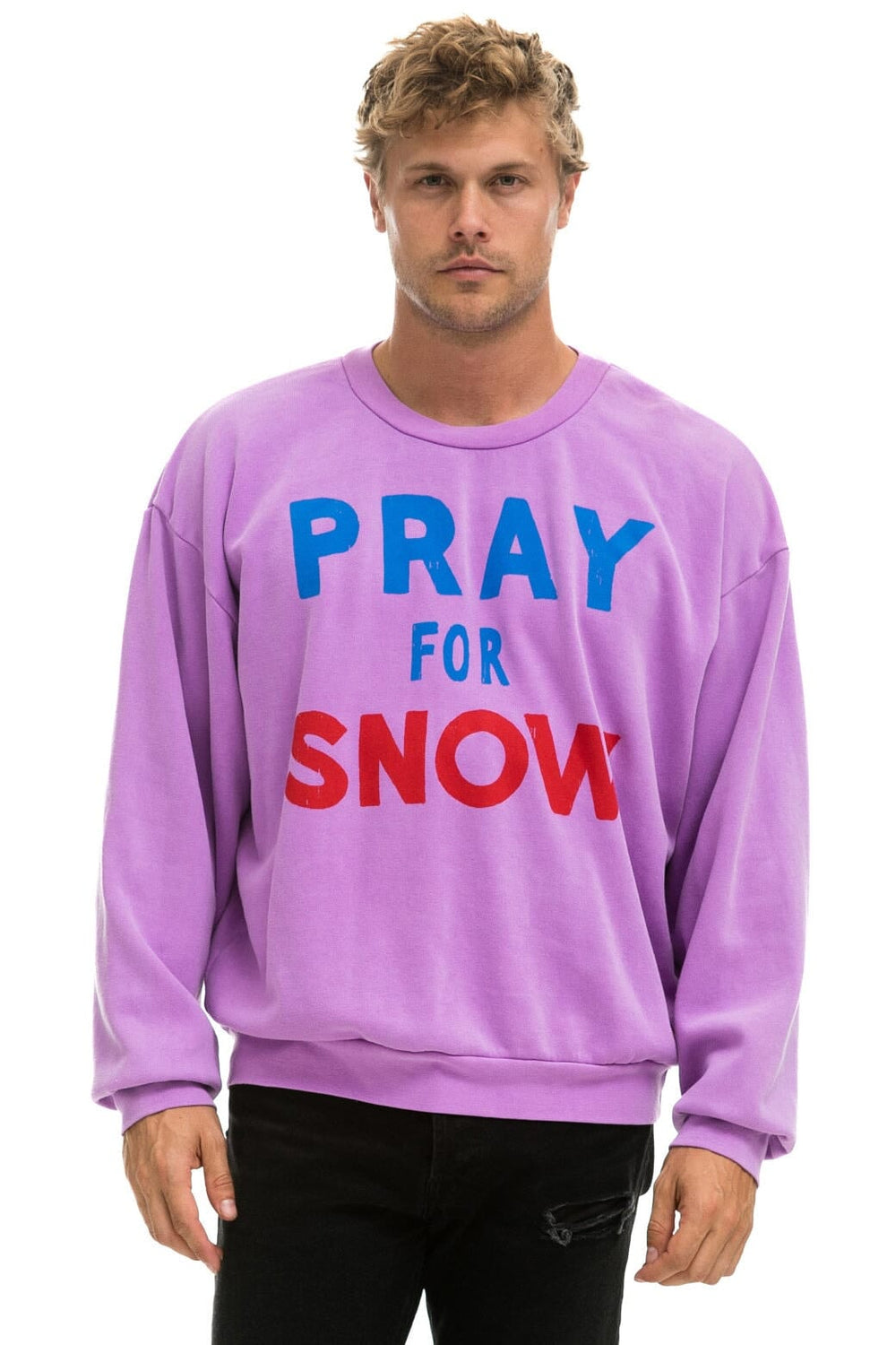 PRAY FOR SNOW RELAXED CREW SWEATSHIRT - NEON PURPLE