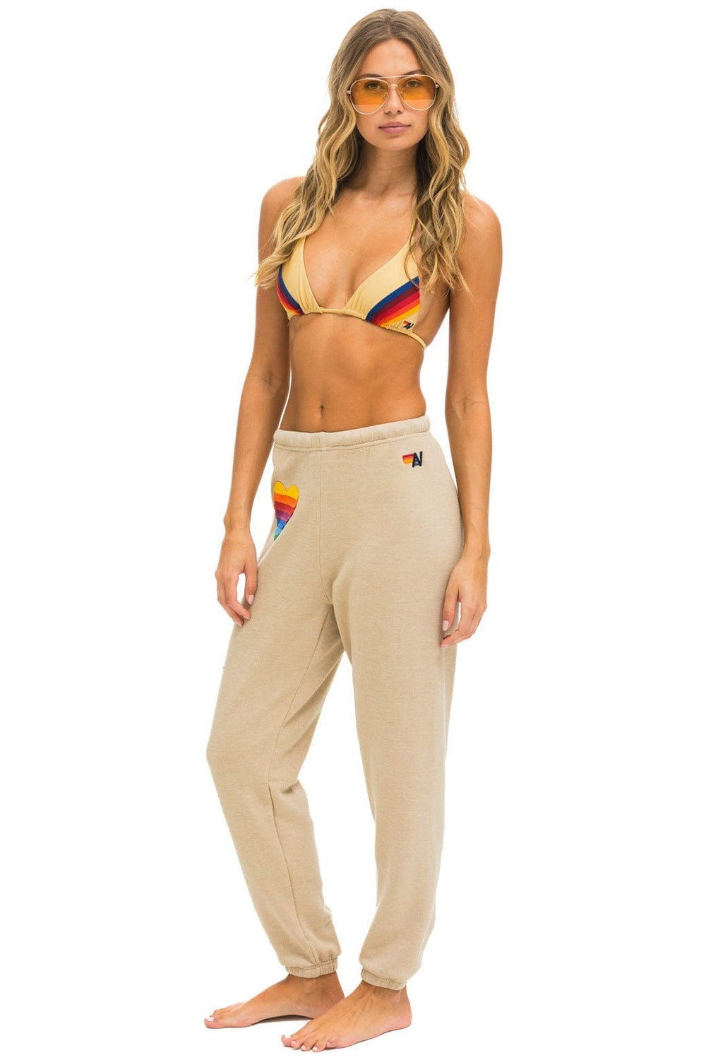 RAINBOW HEART STITCH SWEATPANTS - SAND