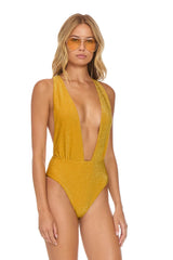 SPARKLE COMO DEEP PLUNGE CROSS BACK WOMENS ONE PIECE - GOLD