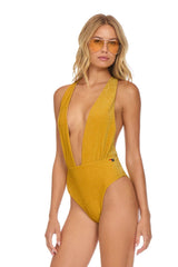 SPARKLE COMO DEEP PLUNGE CROSS BACK WOMENS ONE PIECE - GOLD