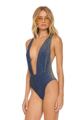 SPARKLE COMO DEEP PLUNGE CROSS BACK WOMENS ONE PIECE - NAVY