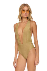 SPARKLE COMO DEEP PLUNGE CROSS BACK WOMENS ONE PIECE - SAND