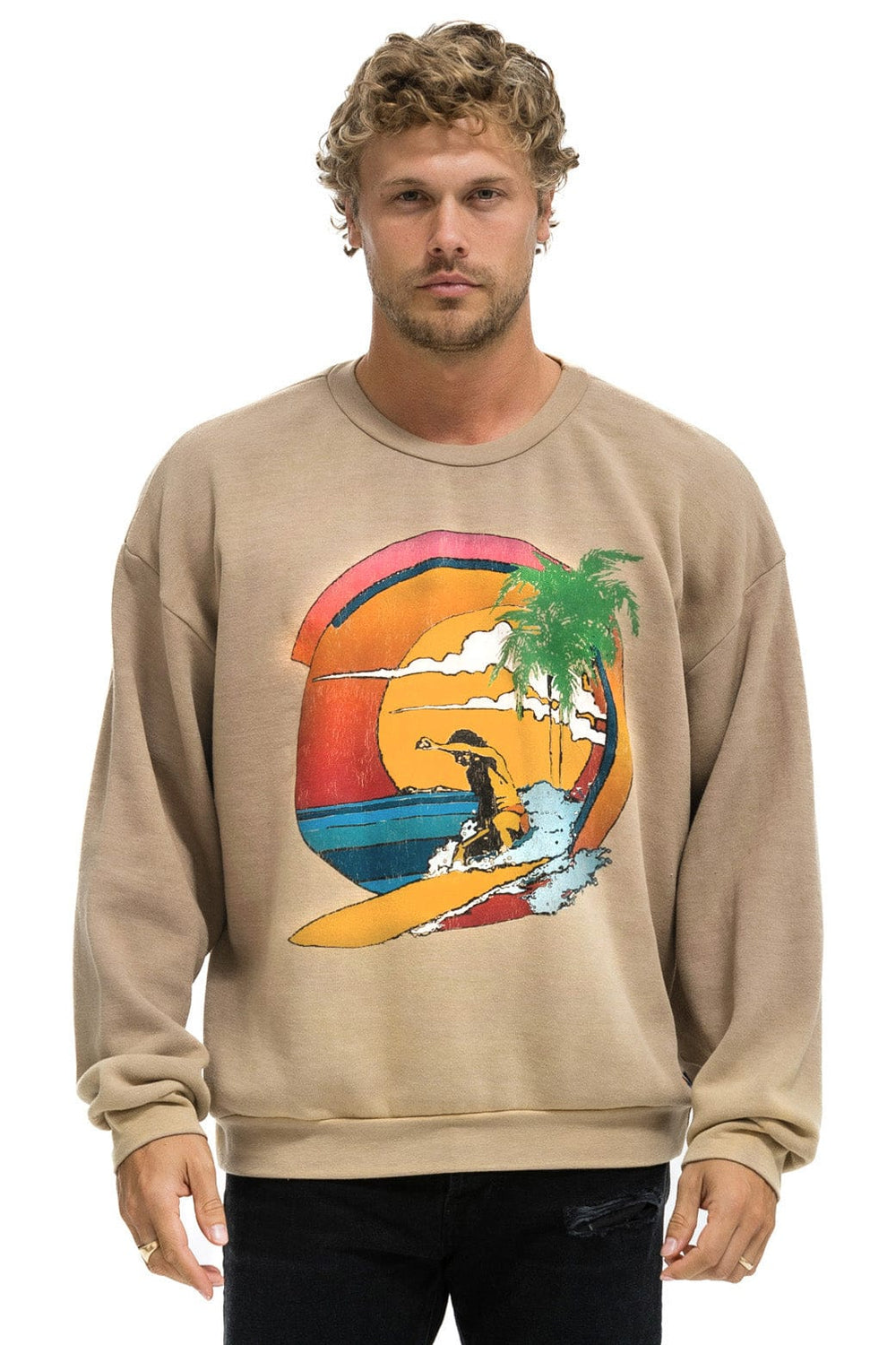TROPICAL SURF RELAXED CREW SWEATSHIRT - FADED TAN