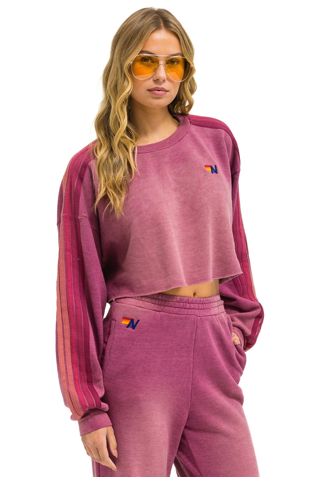 CLASSIC STRIPE CROPPED CREW SWEATSHIRT RELAXED - FADED BERRY