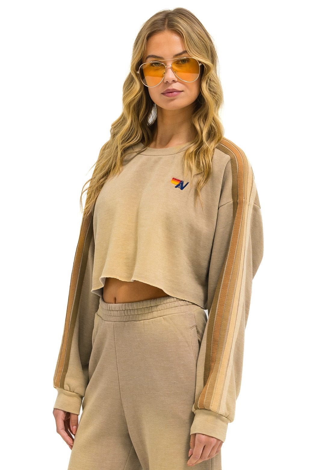 CLASSIC STRIPE CROPPED CREW SWEATSHIRT RELAXED - FADED TAN