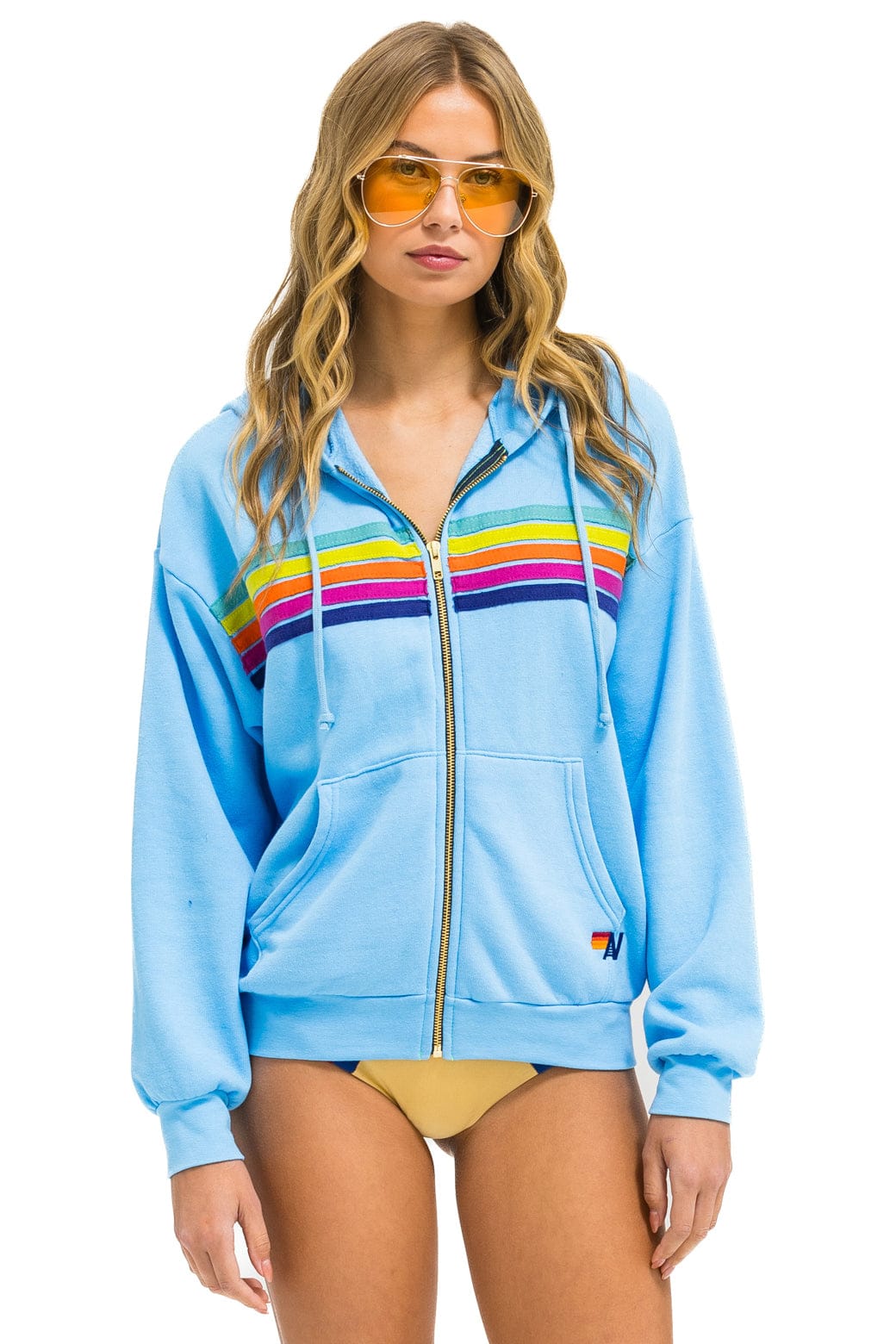 5 STRIPE RELAXED ZIP HOODIE - SKY // RAINBOW