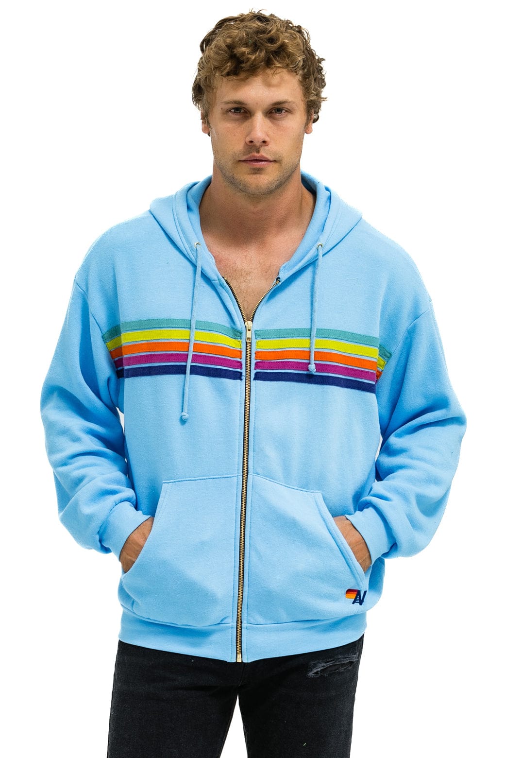 5 STRIPE RELAXED ZIP HOODIE - SKY // RAINBOW